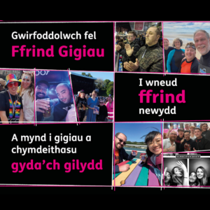 Collage of photos of Gig Buddy pairs at gigs, restaurants, the beach, and Pride, with the text volunteer as a Gig Buddy, make a new friend, go to gigs and social activities together