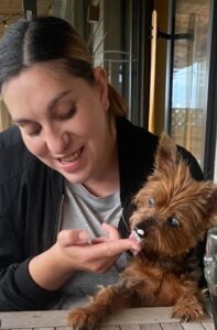 A woman with a Yorkshire Terrier sitting at a picnic table. The dog is licking some food off the woman's fingers