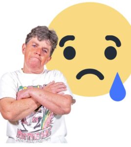 woman unhappy, behind her is a symbol of a crying emoji
