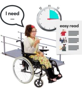 woman in a wheelchair in front of a ramp with a graphic showing an easy read document