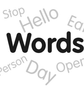 graphic with words in bold in the centre with other words behind, like hello, person, day