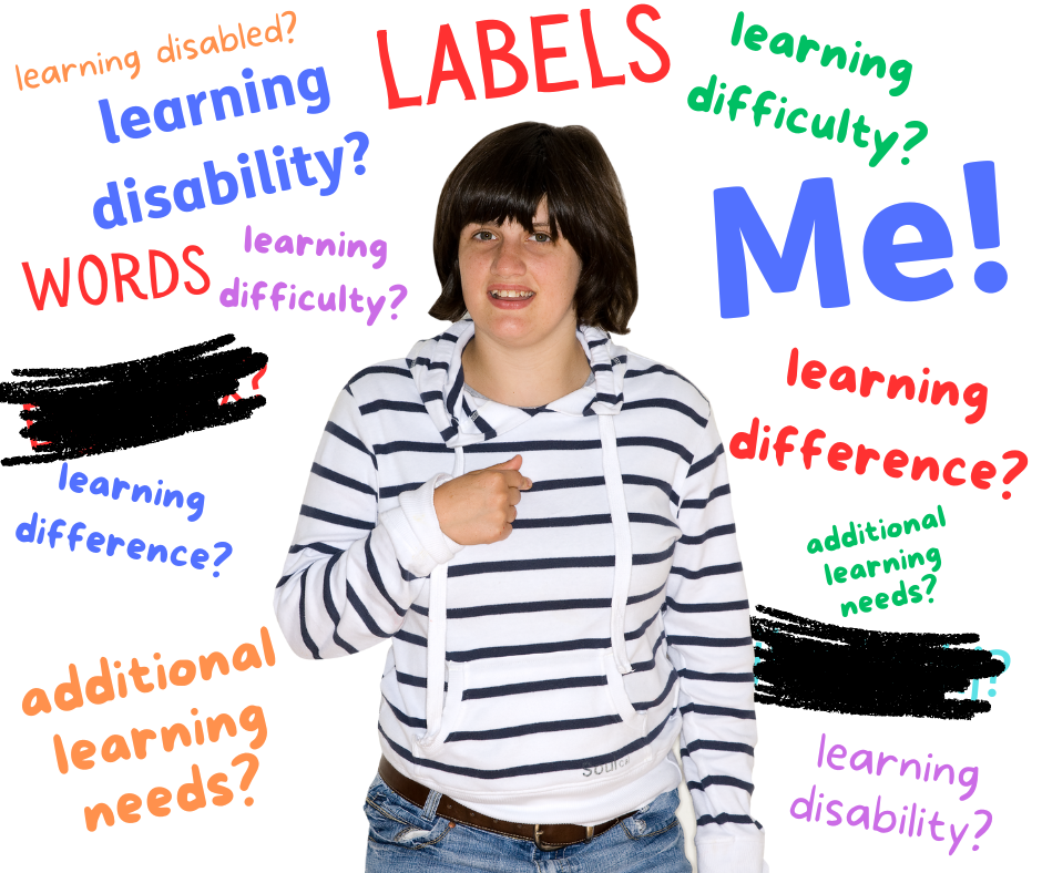 Image shows a young woman in a white and black striped hooded top pointing at herself - with labels all around her saying learning disability?, learning difficulty?, additional learning needs?, learning difference?, and some words scrubbed out so you can't see them anymore