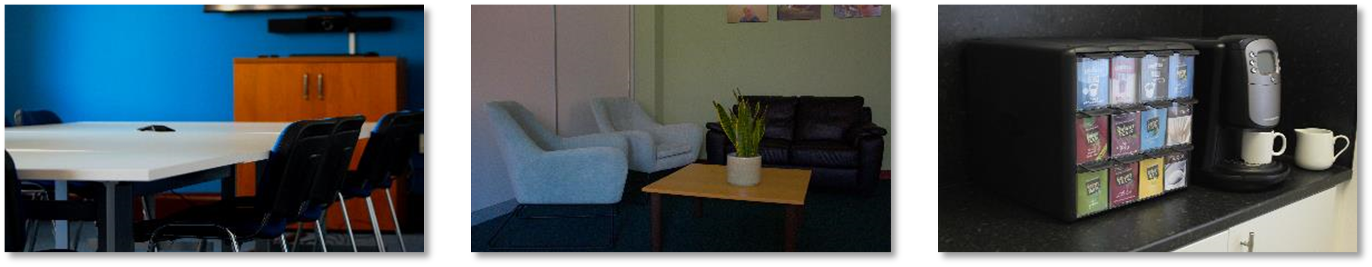 Three images of the meeting rooms showing a boardroom style layout, relaxed seating area and a coffee machine