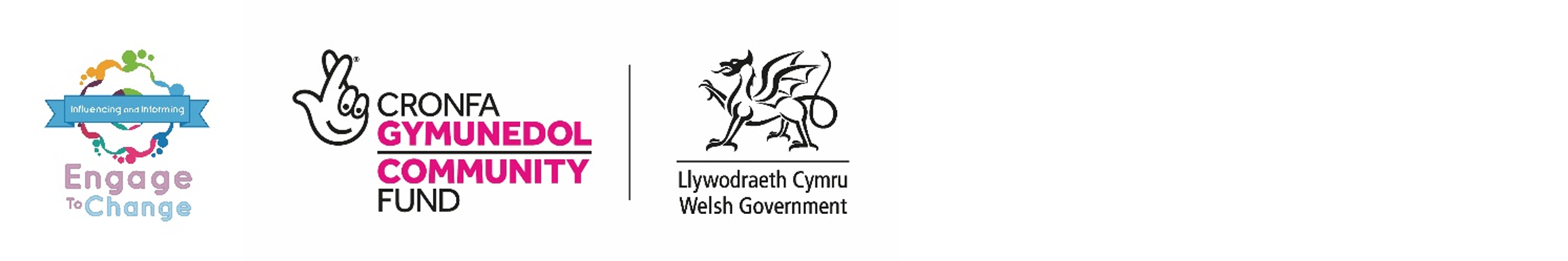 Logos for Engage to Change, Welsh Government and National Lottery Community Fund