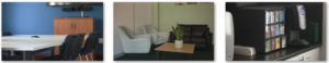 Meeting room table, Relaxing sofa area, Coffee machine