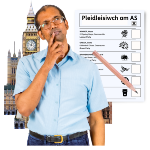 a man in a light blue shirt is thinking about what MP to vote for. Behind him is a ballot paper and the houses of parliament