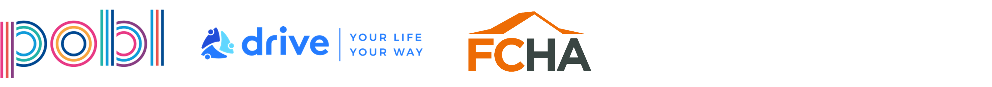 Logos of Drive, Pobl and First Choice Housing Association