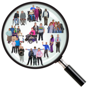 Magnifying glass with lots of different groups of people within the lens