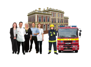 Group of people working in different public services including firefighter, nurse, social worker