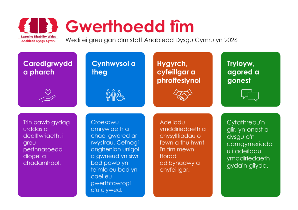 Gwerthoedd tîm Caredigrwydd a pharch - Trin pawb gydag urddas a dealltwriaeth, i greu perthnasoedd diogel a hadarnhaol. Cynhwysol a theg - Croesawu amrywiaeth a chael gwared or rwystrau. Cefnogi anghenion unigol a gwneud yn siwr bod pawb yn teimlo eu bod yn cael eu gwerthf awrogi a'u clywed. Hygyrch, cyfeillgar a phroffesiynol - Adeiladu ymddiriedaeth a chysylltiadau o fewn a thu hwnt i'n tTm mewn ffordd ddibynadwy a chyfeillgar. Tryloyw, agored a gonest - Cyfathrebu'n glir, yn onest a dysgu o'n camgymeriada u i adeiladu ymddiriedaeth gyda'n gilydd. 
