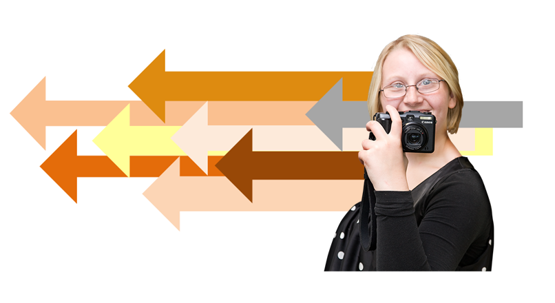 Young woman smiles, she is holding a camera. In the background are an array of stylised arrows.