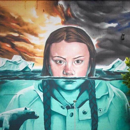 Illustration of Greta Thunberg submerged in water with her head above the water, like an iceberg