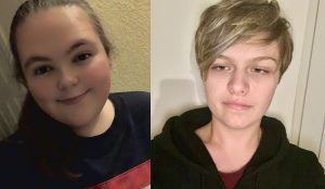 Georgia is wearing a blue red and white striped jumper and has blond hair in a pony tail, Tegan is wearing a brown hoody and has short cropped blond hair 
