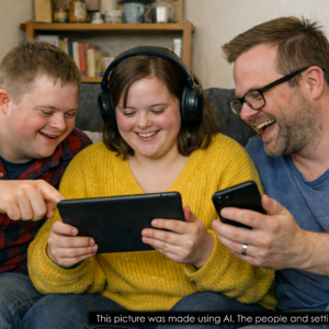 Three people using smartphone and tablet laughing together. Picture is AI generated.
